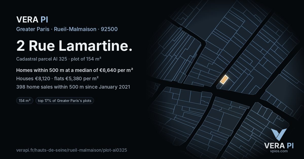 2 Rue Lamartine, Rueil-Malmaison at night – the plot lit, the parcels around coloured by the prices near them