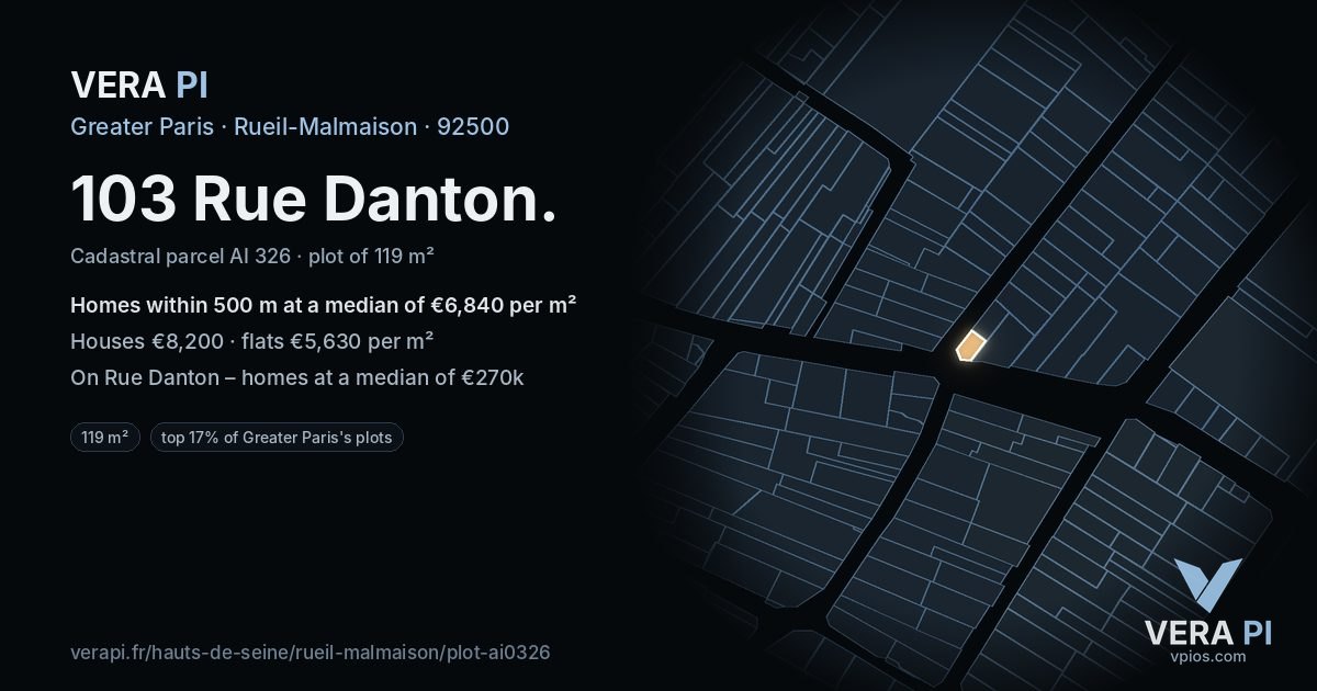 103 Rue Danton, Rueil-Malmaison at night – the plot lit, the parcels around coloured by the prices near them