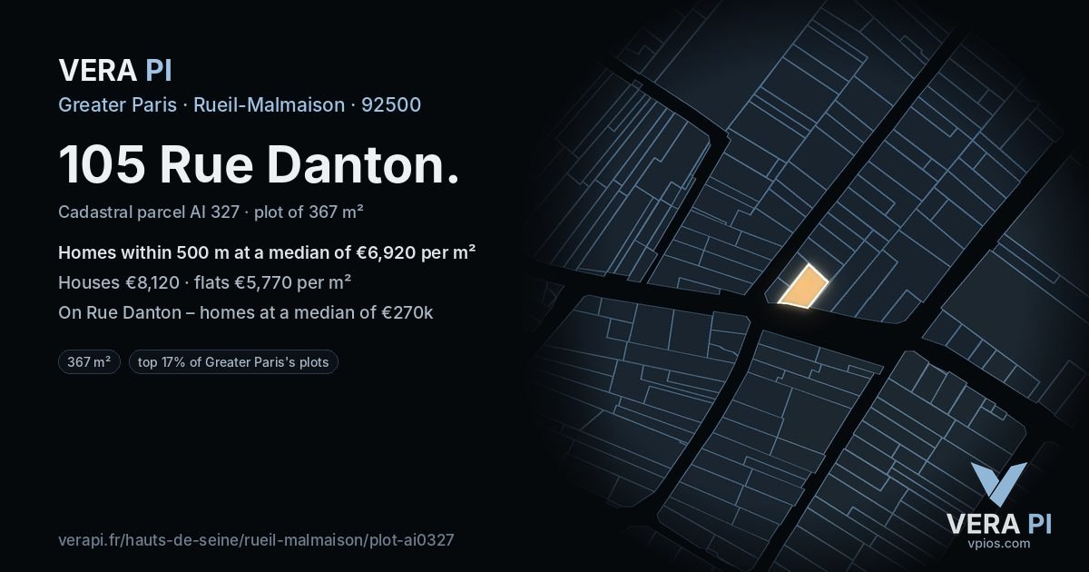 105 Rue Danton, Rueil-Malmaison at night – the plot lit, the parcels around coloured by the prices near them
