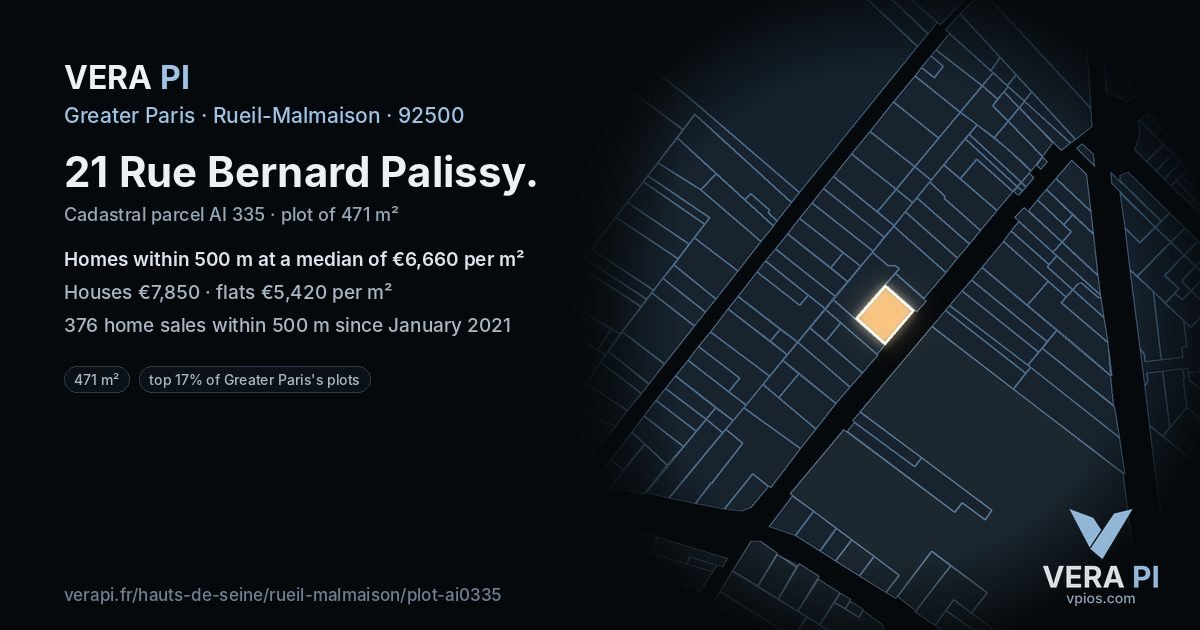 21 Rue Bernard Palissy, Rueil-Malmaison at night – the plot lit, the parcels around coloured by the prices near them
