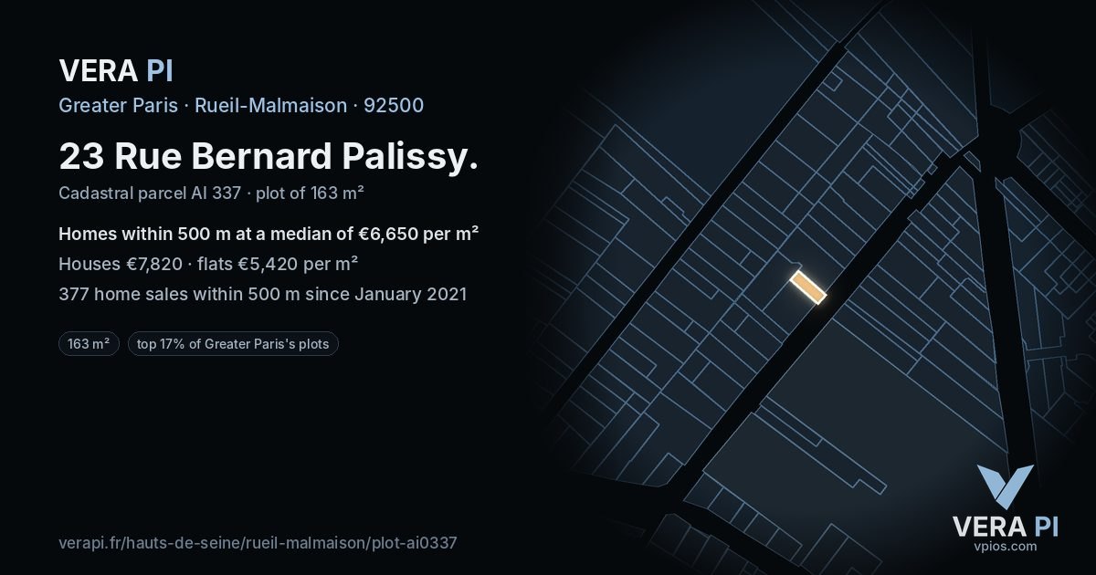 23 Rue Bernard Palissy, Rueil-Malmaison at night – the plot lit, the parcels around coloured by the prices near them