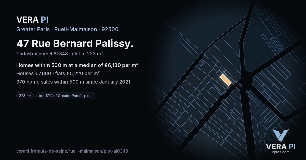 47 Rue Bernard Palissy, Rueil-Malmaison at night – the plot lit, the parcels around coloured by the prices near them