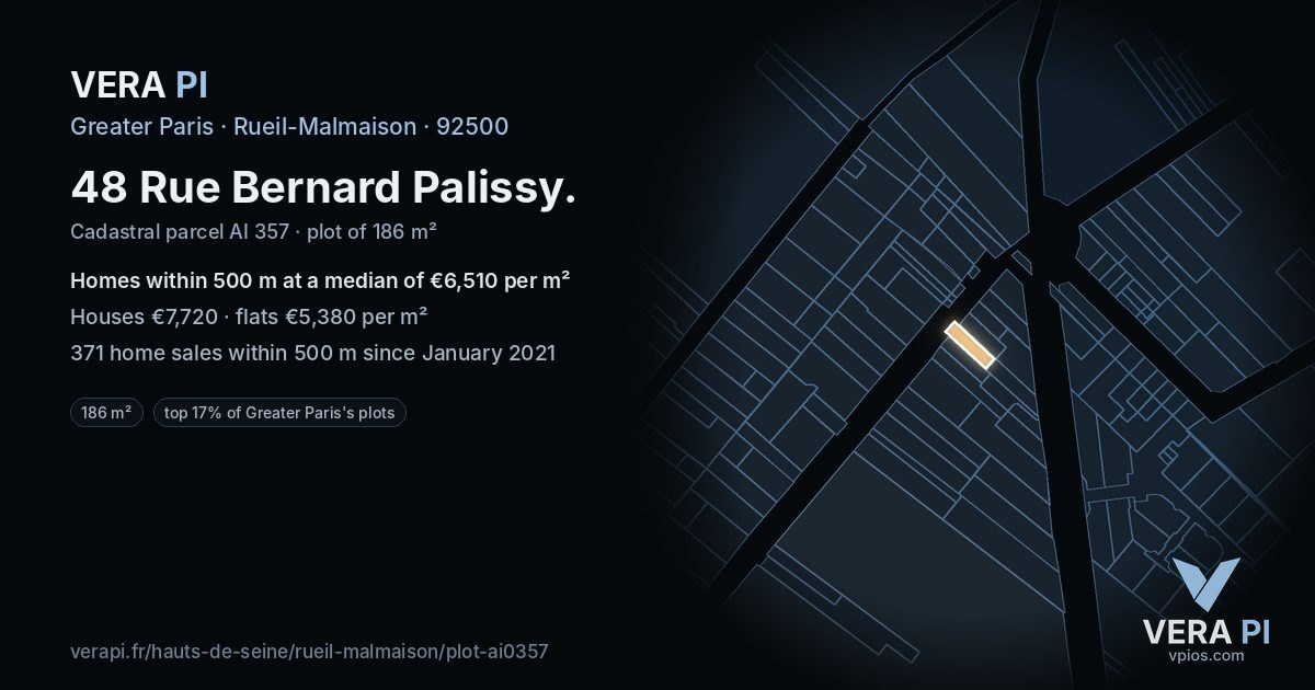 48 Rue Bernard Palissy, Rueil-Malmaison at night – the plot lit, the parcels around coloured by the prices near them