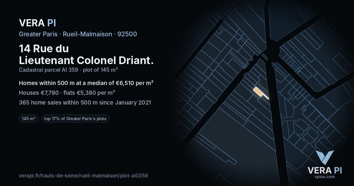 14 Rue du Lieutenant Colonel Driant, Rueil-Malmaison at night – the plot lit, the parcels around coloured by the prices near them