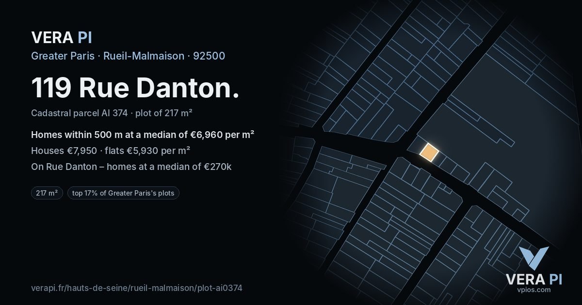 119 Rue Danton, Rueil-Malmaison at night – the plot lit, the parcels around coloured by the prices near them