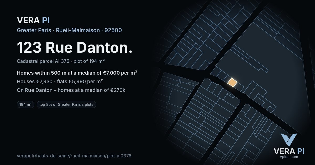 123 Rue Danton, Rueil-Malmaison at night – the plot lit, the parcels around coloured by the prices near them