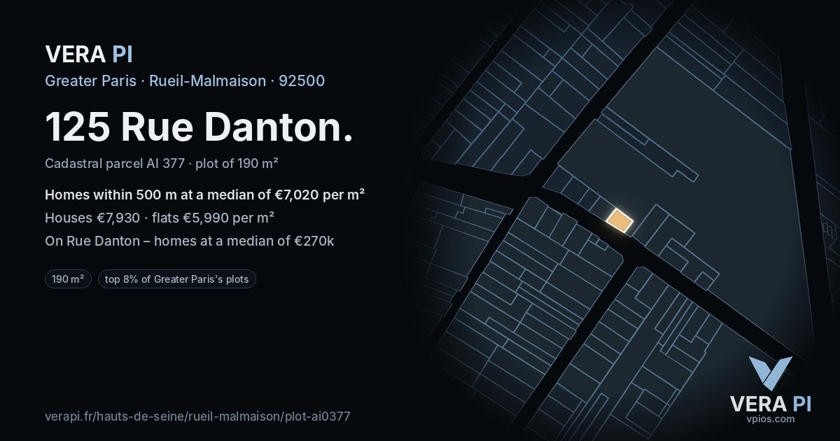 125 Rue Danton, Rueil-Malmaison at night – the plot lit, the parcels around coloured by the prices near them