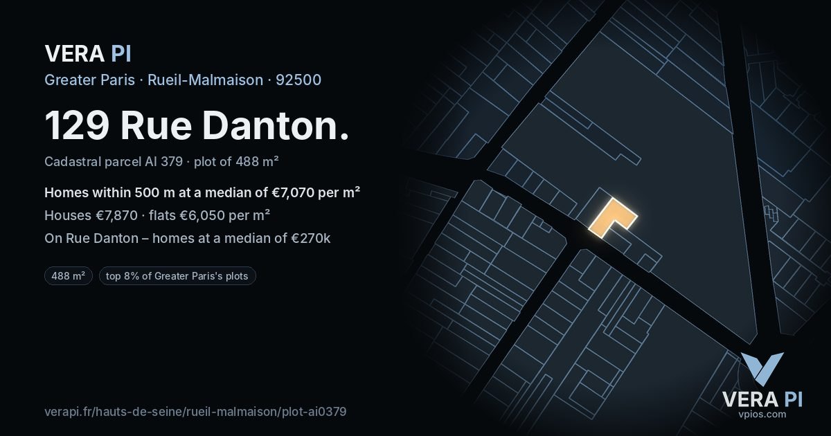 129 Rue Danton, Rueil-Malmaison at night – the plot lit, the parcels around coloured by the prices near them