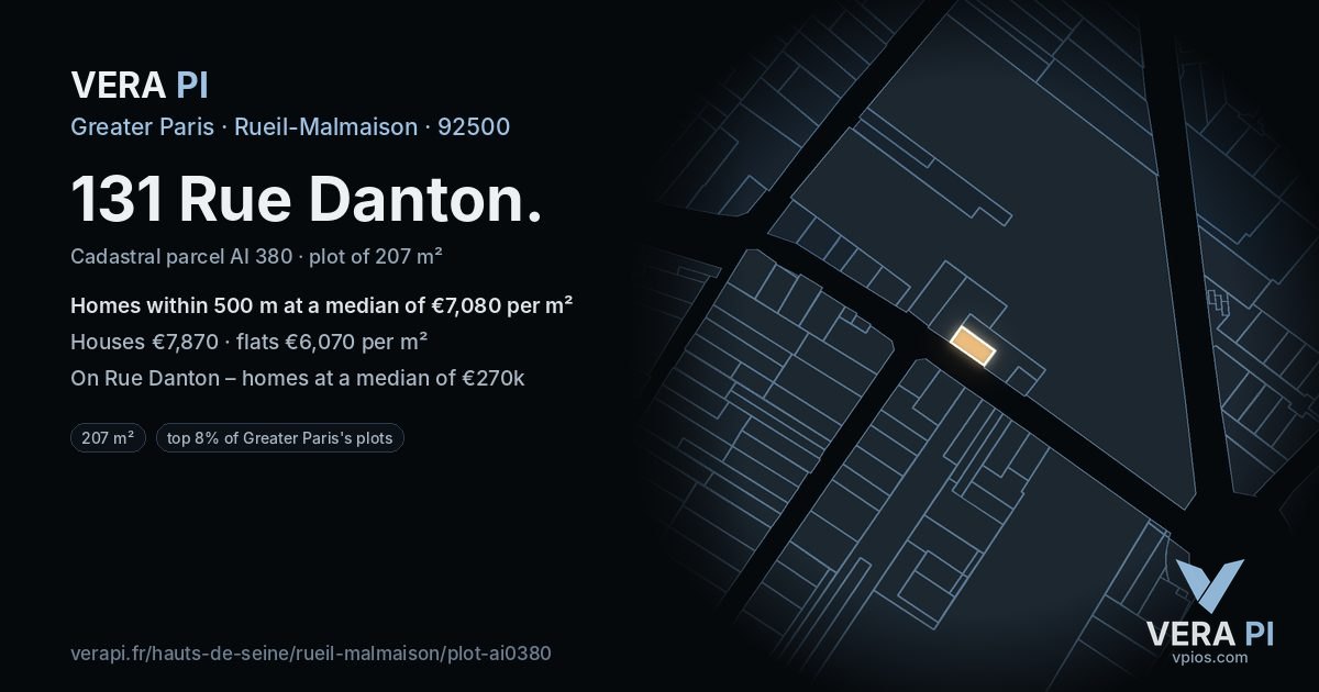 131 Rue Danton, Rueil-Malmaison at night – the plot lit, the parcels around coloured by the prices near them