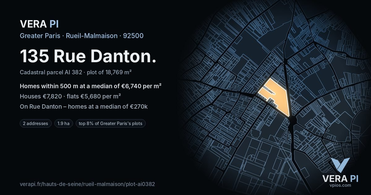 135 Rue Danton, Rueil-Malmaison at night – the plot lit, the parcels around coloured by the prices near them