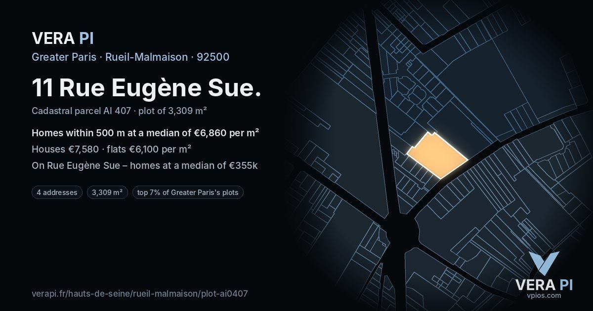 11 Rue Eugène Sue, Rueil-Malmaison at night – the plot lit, the parcels around coloured by the prices near them