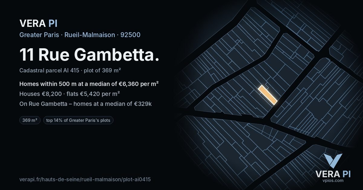 11 Rue Gambetta, Rueil-Malmaison at night – the plot lit, the parcels around coloured by the prices near them