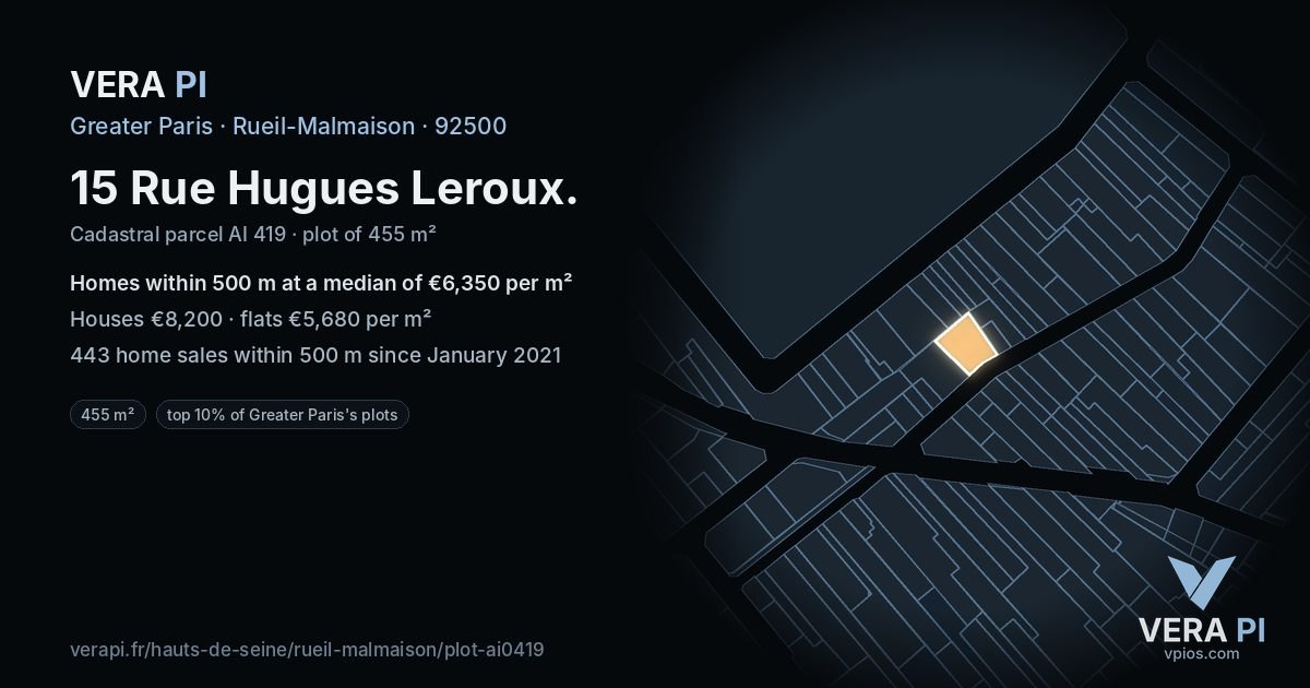15 Rue Hugues Leroux, Rueil-Malmaison at night – the plot lit, the parcels around coloured by the prices near them