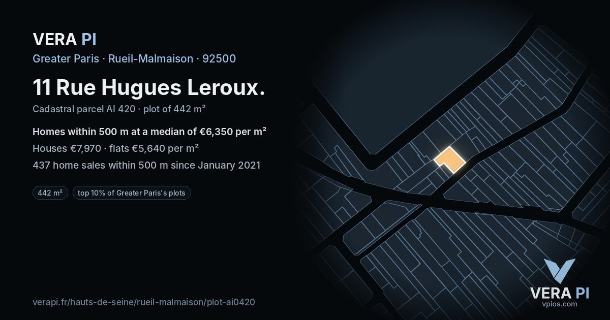 11 Rue Hugues Leroux, Rueil-Malmaison at night – the plot lit, the parcels around coloured by the prices near them