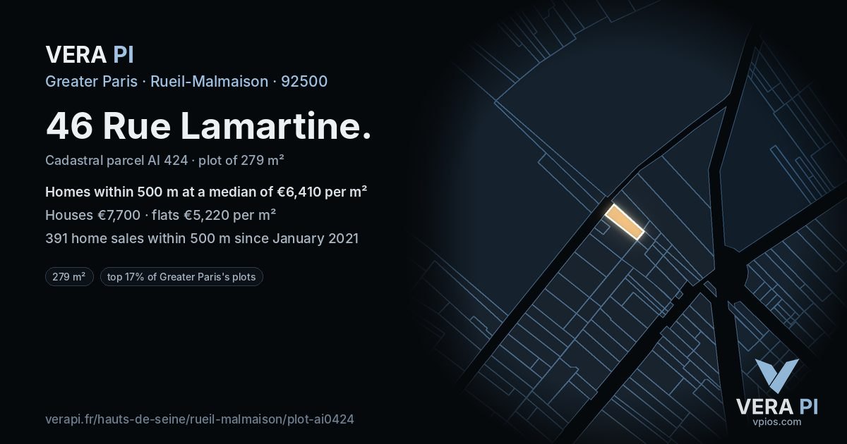 46 Rue Lamartine, Rueil-Malmaison at night – the plot lit, the parcels around coloured by the prices near them