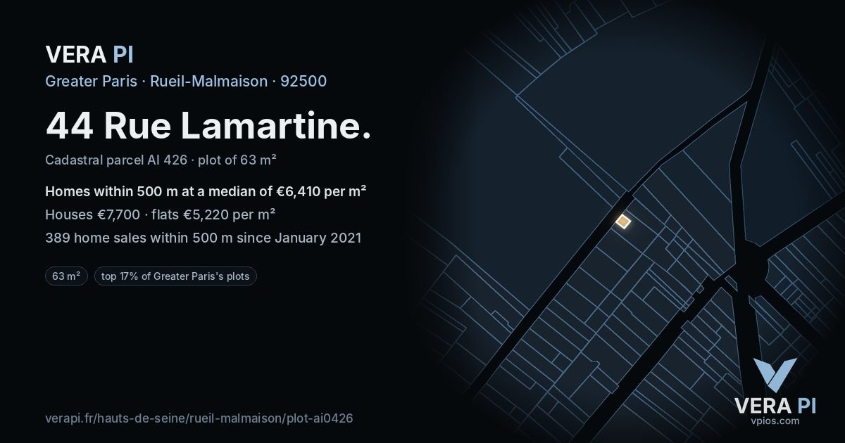 44 Rue Lamartine, Rueil-Malmaison at night – the plot lit, the parcels around coloured by the prices near them