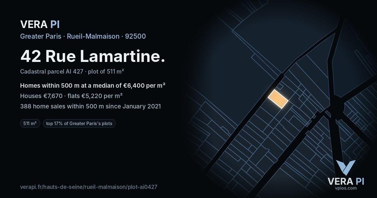 42 Rue Lamartine, Rueil-Malmaison at night – the plot lit, the parcels around coloured by the prices near them