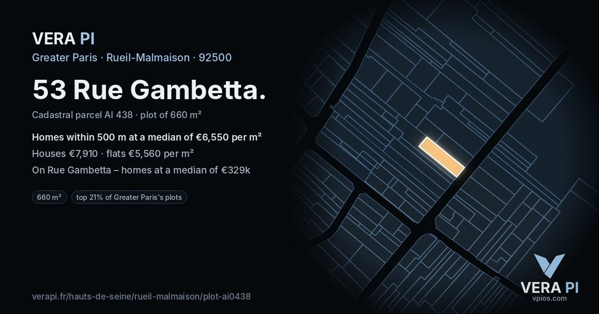 53 Rue Gambetta, Rueil-Malmaison at night – the plot lit, the parcels around coloured by the prices near them