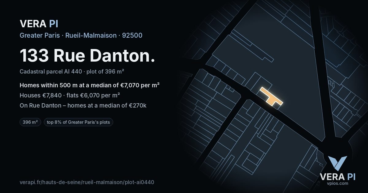 133 Rue Danton, Rueil-Malmaison at night – the plot lit, the parcels around coloured by the prices near them