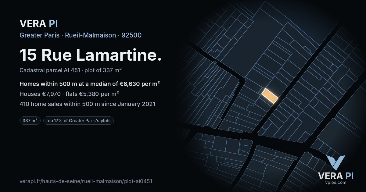 15 Rue Lamartine, Rueil-Malmaison at night – the plot lit, the parcels around coloured by the prices near them