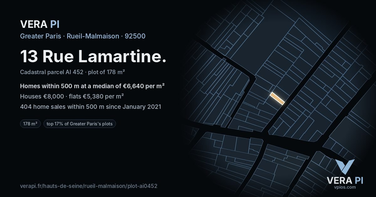 13 Rue Lamartine, Rueil-Malmaison at night – the plot lit, the parcels around coloured by the prices near them