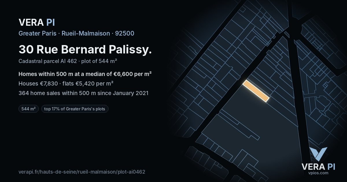 30 Rue Bernard Palissy, Rueil-Malmaison at night – the plot lit, the parcels around coloured by the prices near them