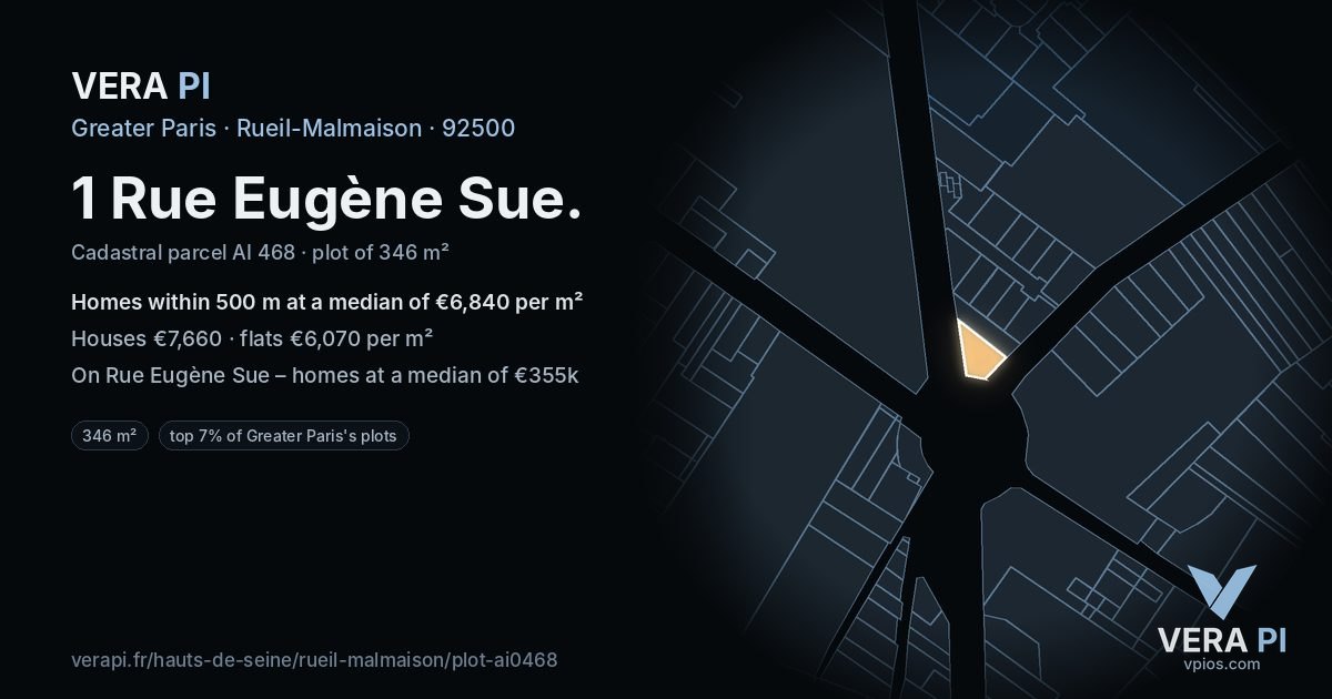 1 Rue Eugène Sue, Rueil-Malmaison at night – the plot lit, the parcels around coloured by the prices near them