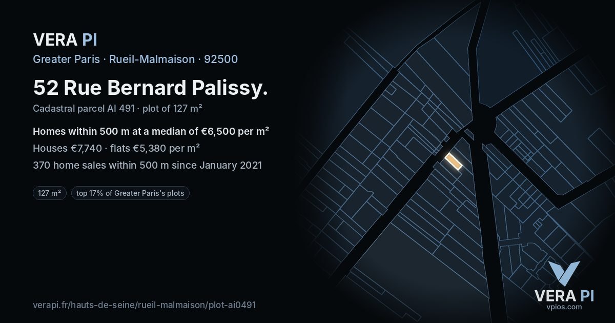 52 Rue Bernard Palissy, Rueil-Malmaison at night – the plot lit, the parcels around coloured by the prices near them