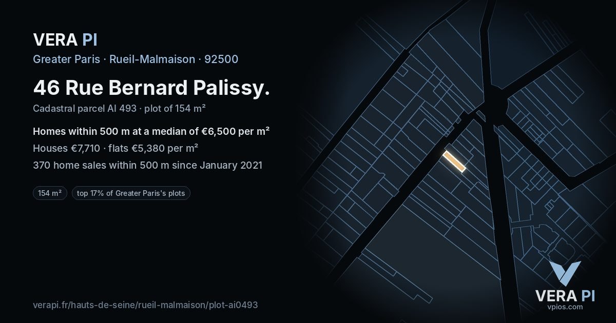 46 Rue Bernard Palissy, Rueil-Malmaison at night – the plot lit, the parcels around coloured by the prices near them