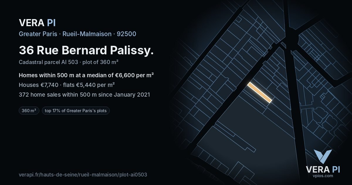 36 Rue Bernard Palissy, Rueil-Malmaison at night – the plot lit, the parcels around coloured by the prices near them