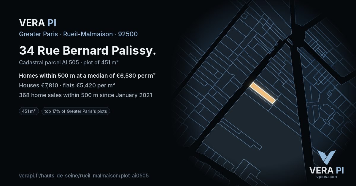 34 Rue Bernard Palissy, Rueil-Malmaison at night – the plot lit, the parcels around coloured by the prices near them