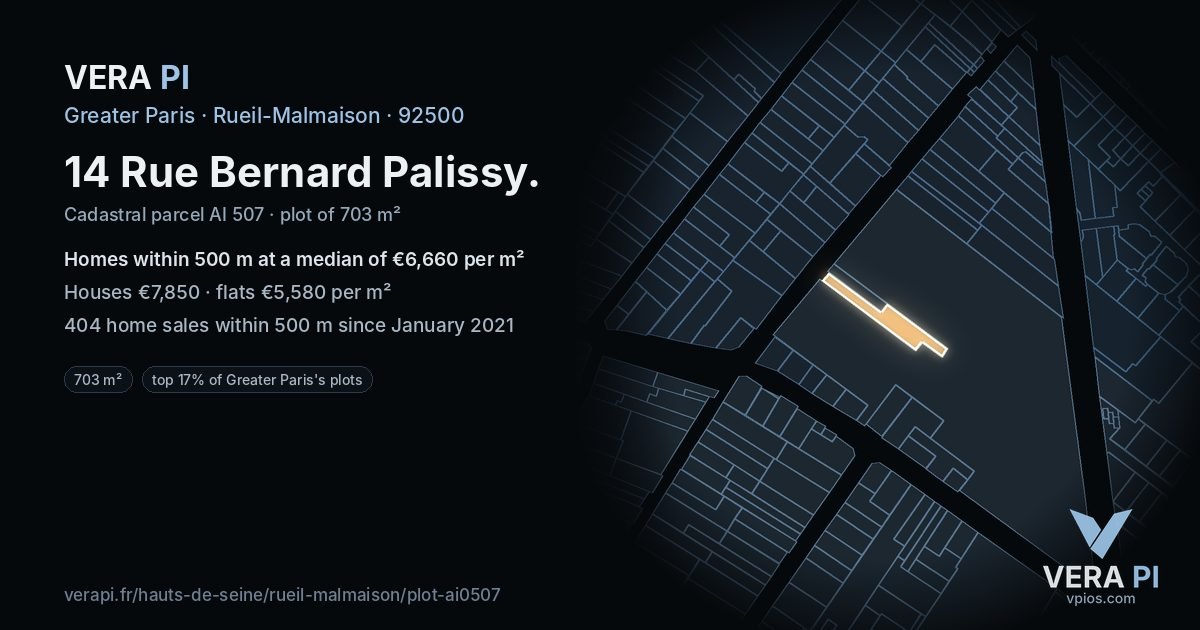 14 Rue Bernard Palissy, Rueil-Malmaison at night – the plot lit, the parcels around coloured by the prices near them