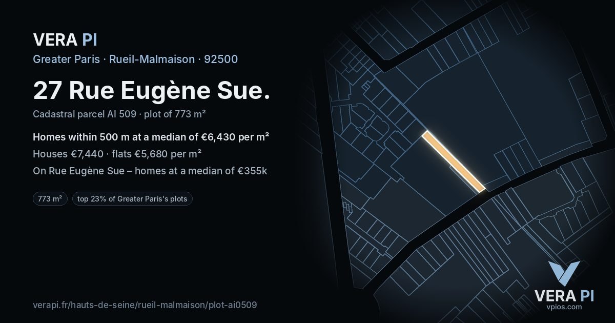27 Rue Eugène Sue, Rueil-Malmaison at night – the plot lit, the parcels around coloured by the prices near them