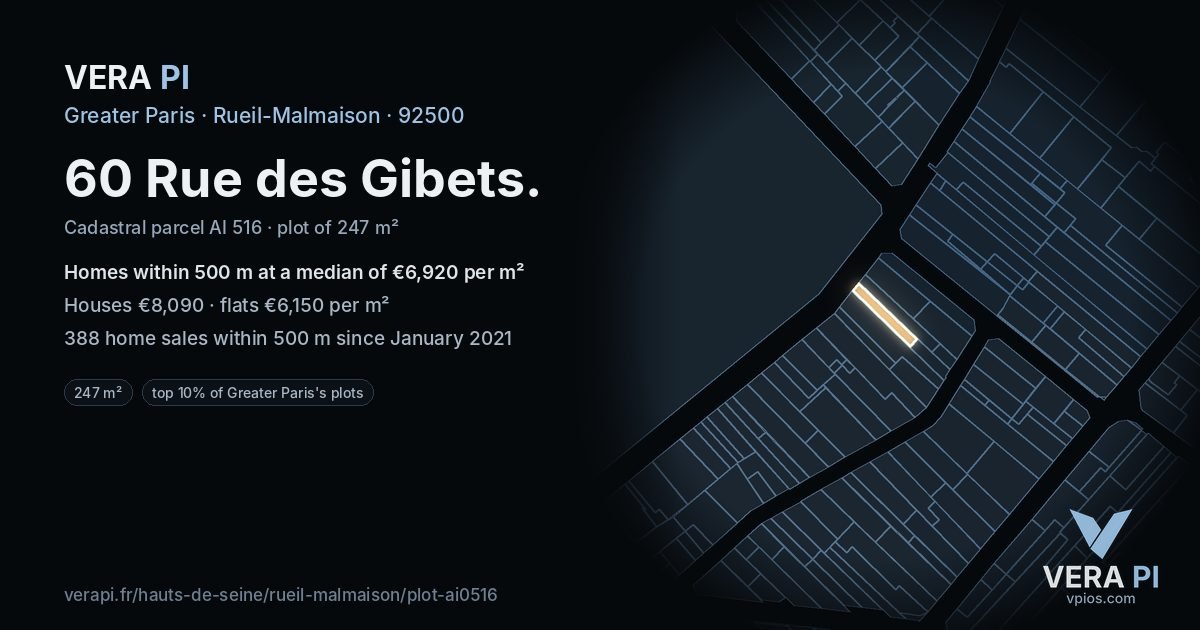 60 Rue des Gibets, Rueil-Malmaison at night – the plot lit, the parcels around coloured by the prices near them