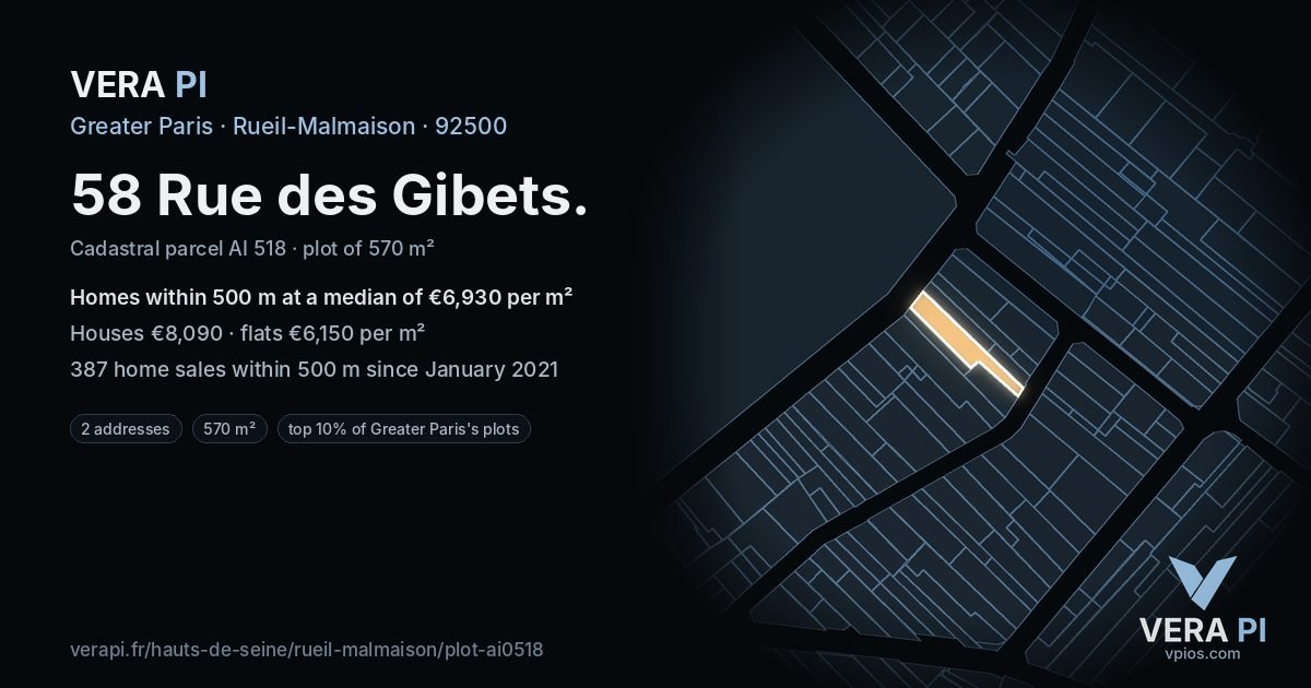 58 Rue des Gibets, Rueil-Malmaison at night – the plot lit, the parcels around coloured by the prices near them