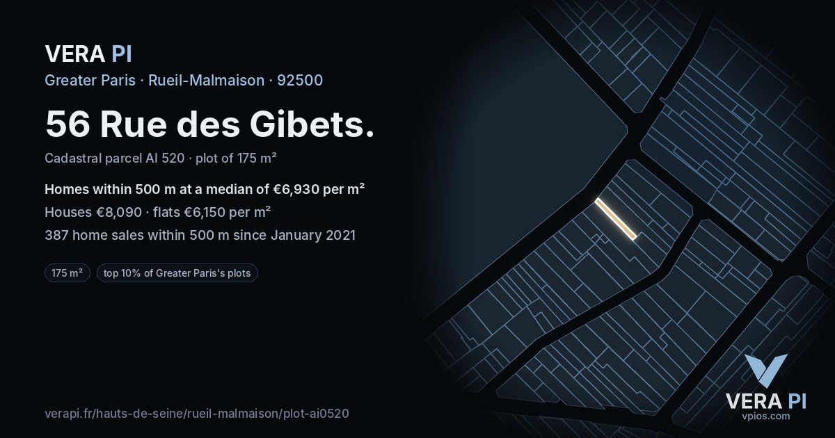 56 Rue des Gibets, Rueil-Malmaison at night – the plot lit, the parcels around coloured by the prices near them