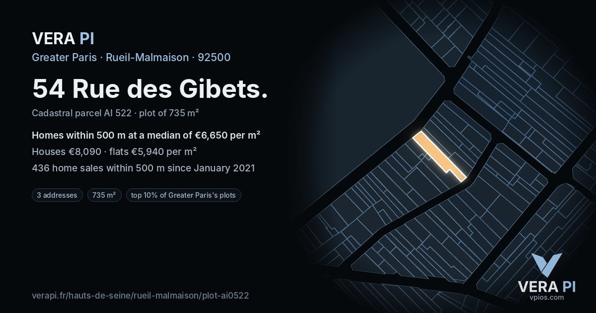 54 Rue des Gibets, Rueil-Malmaison at night – the plot lit, the parcels around coloured by the prices near them