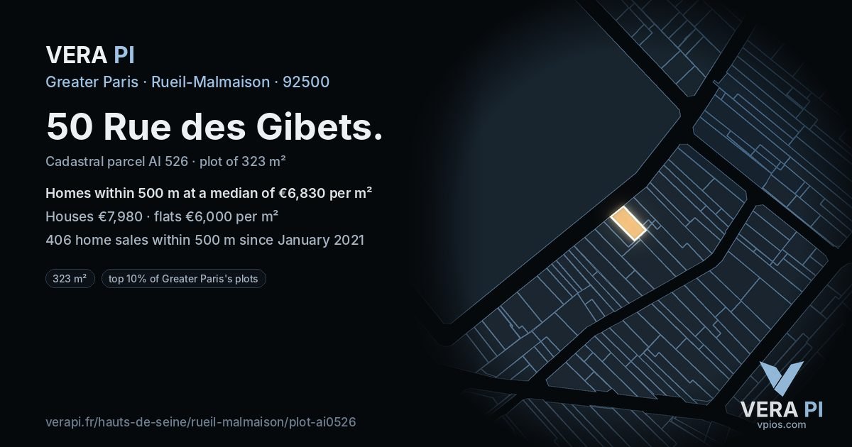 50 Rue des Gibets, Rueil-Malmaison at night – the plot lit, the parcels around coloured by the prices near them