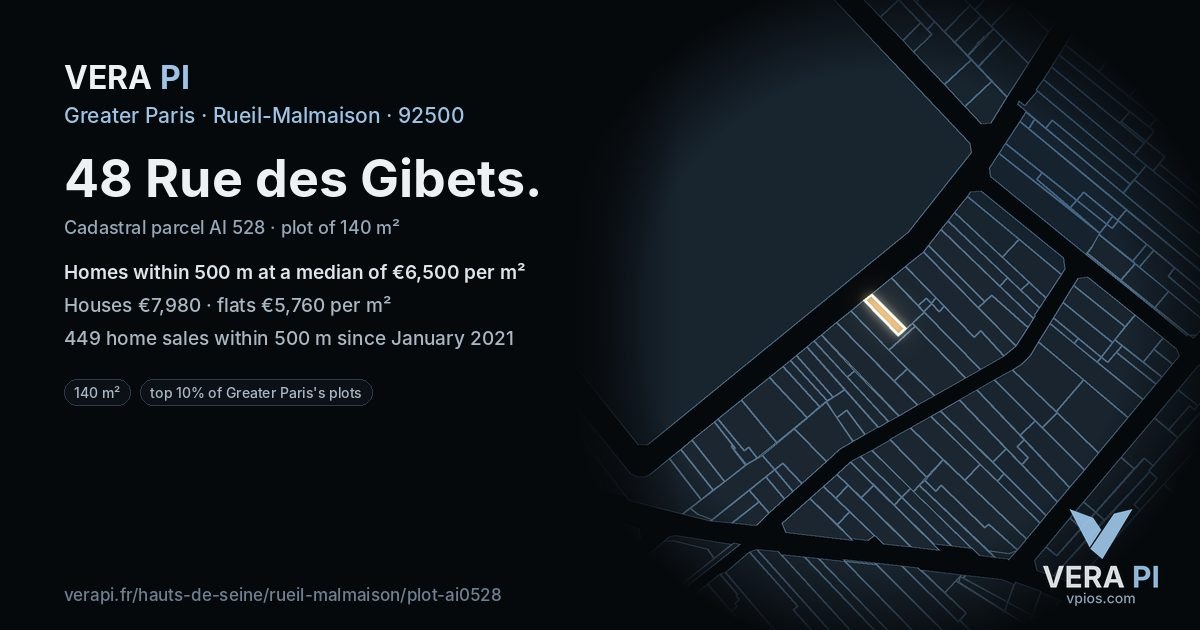 48 Rue des Gibets, Rueil-Malmaison at night – the plot lit, the parcels around coloured by the prices near them