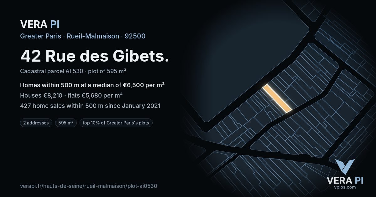 42 Rue des Gibets, Rueil-Malmaison at night – the plot lit, the parcels around coloured by the prices near them