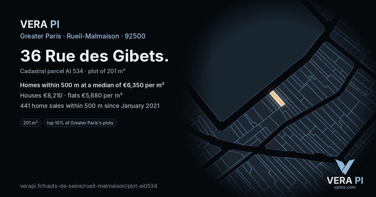 36 Rue des Gibets, Rueil-Malmaison at night – the plot lit, the parcels around coloured by the prices near them