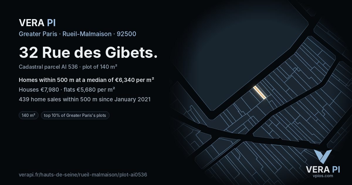 32 Rue des Gibets, Rueil-Malmaison at night – the plot lit, the parcels around coloured by the prices near them