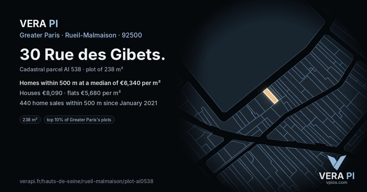 30 Rue des Gibets, Rueil-Malmaison at night – the plot lit, the parcels around coloured by the prices near them