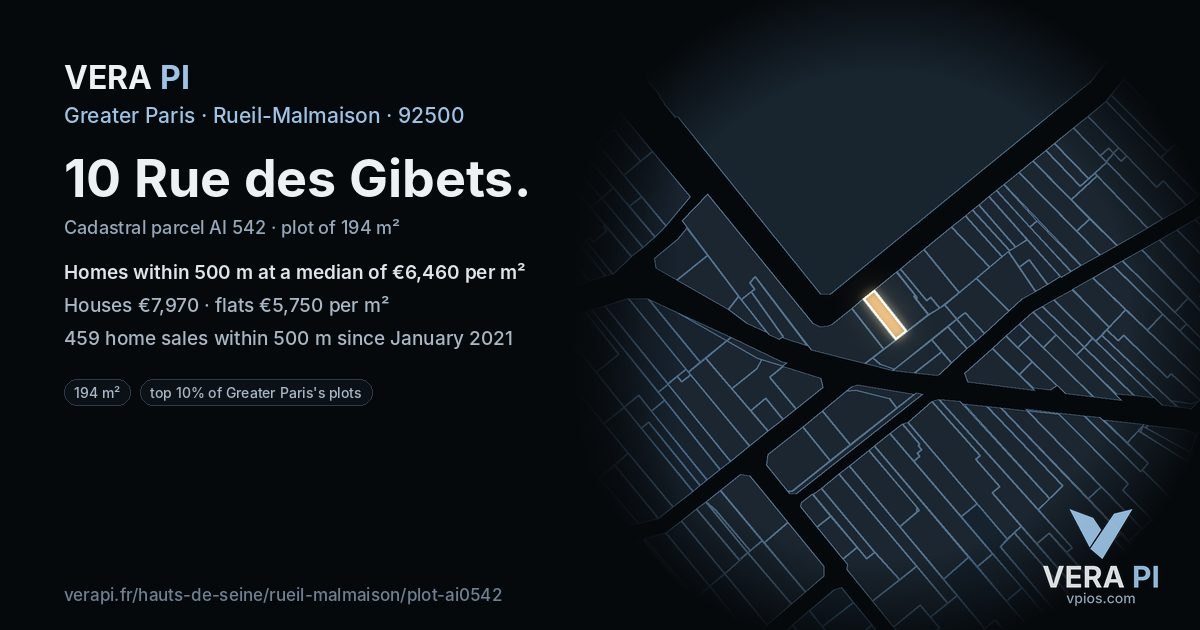 10 Rue des Gibets, Rueil-Malmaison at night – the plot lit, the parcels around coloured by the prices near them