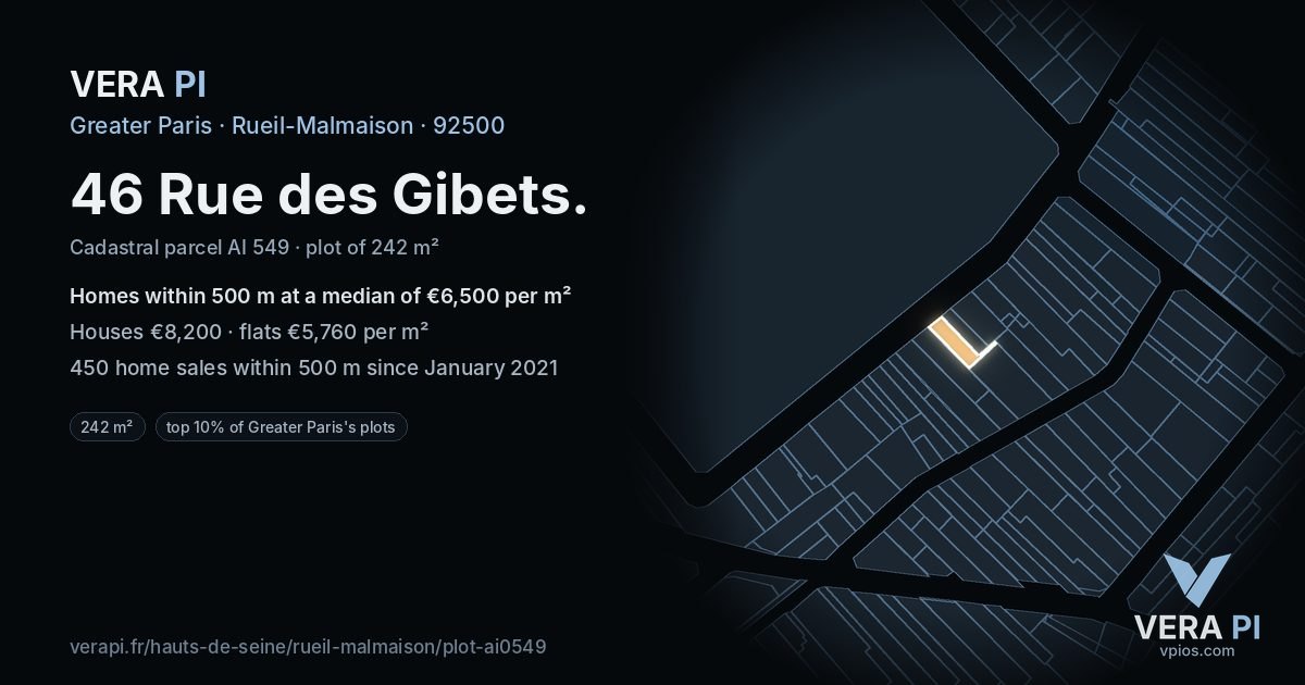 46 Rue des Gibets, Rueil-Malmaison at night – the plot lit, the parcels around coloured by the prices near them