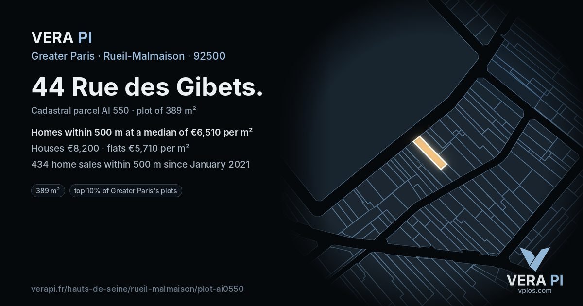 44 Rue des Gibets, Rueil-Malmaison at night – the plot lit, the parcels around coloured by the prices near them