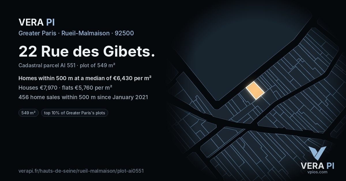 22 Rue des Gibets, Rueil-Malmaison at night – the plot lit, the parcels around coloured by the prices near them