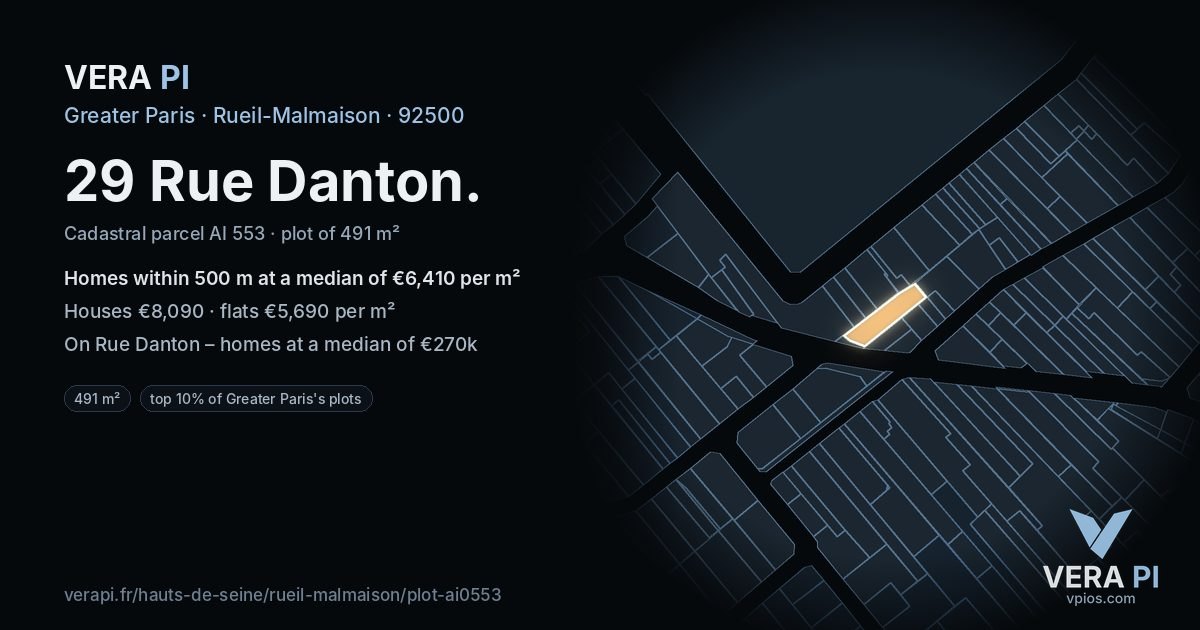 29 Rue Danton, Rueil-Malmaison at night – the plot lit, the parcels around coloured by the prices near them