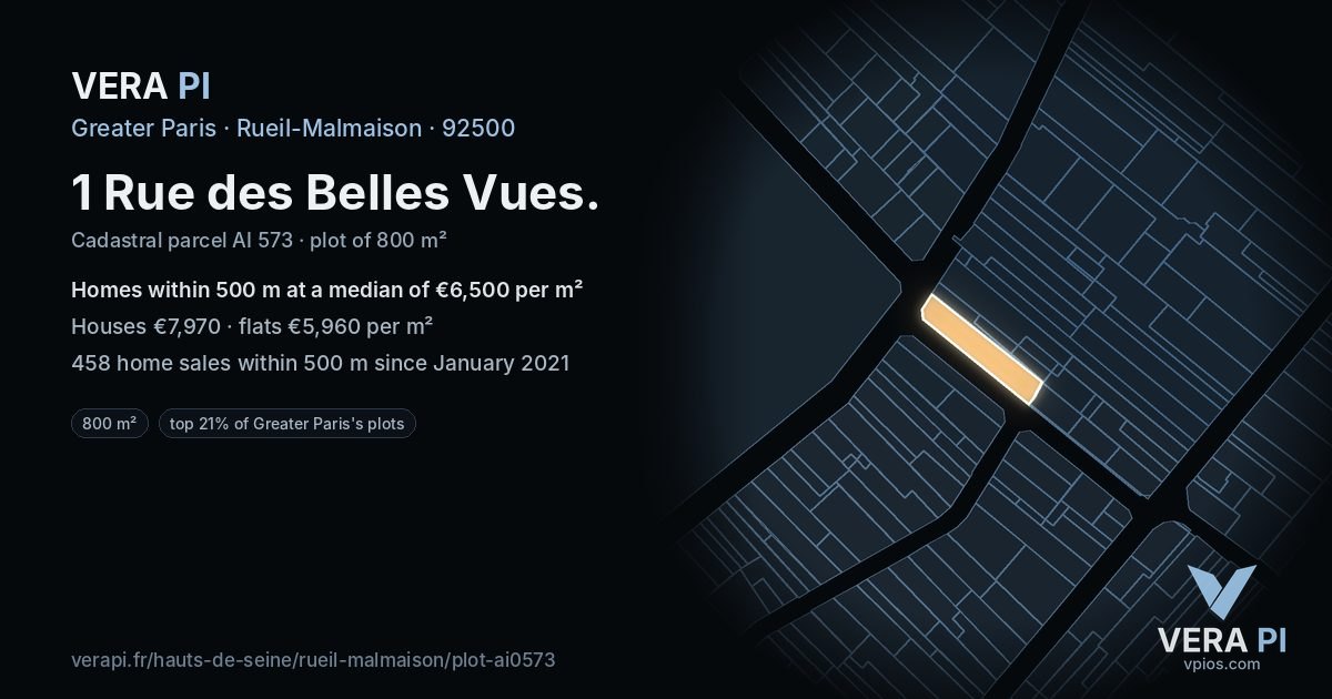 1 Rue des Belles Vues, Rueil-Malmaison at night – the plot lit, the parcels around coloured by the prices near them