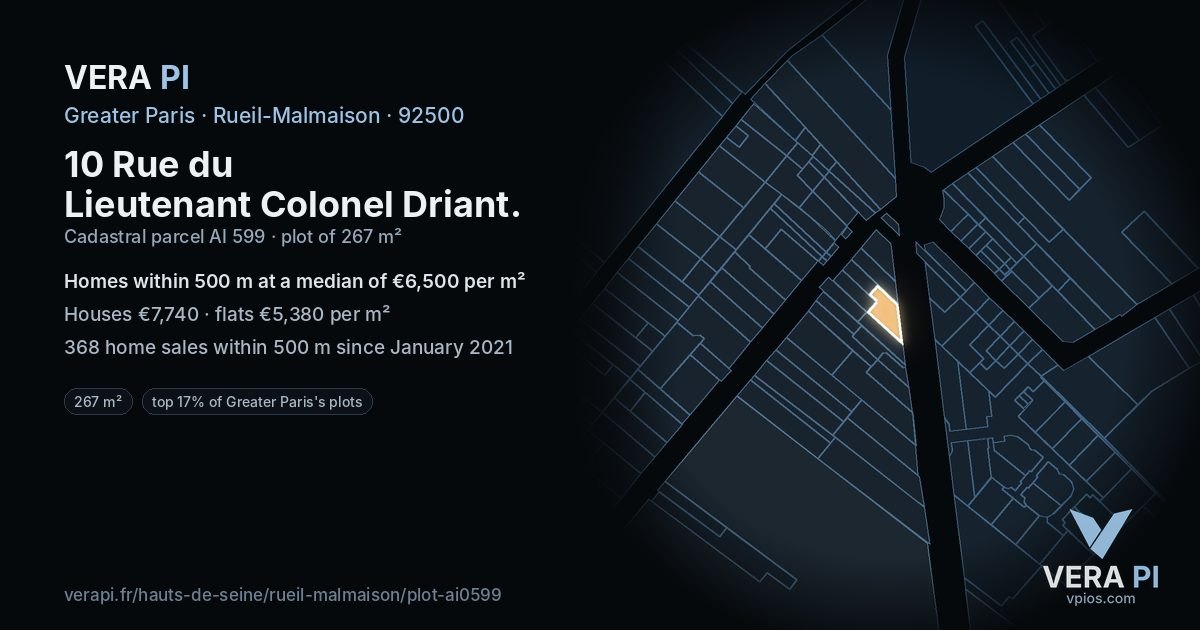 10 Rue du Lieutenant Colonel Driant, Rueil-Malmaison at night – the plot lit, the parcels around coloured by the prices near them